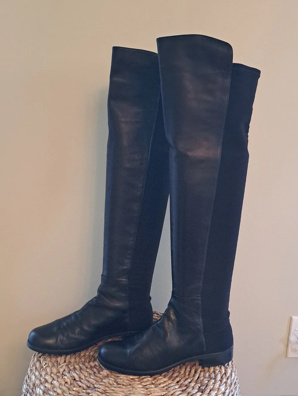 Stuart Weitzman Womens Luxury Over-the-Knee 50/50 Black Leather/Stretch Boots 8